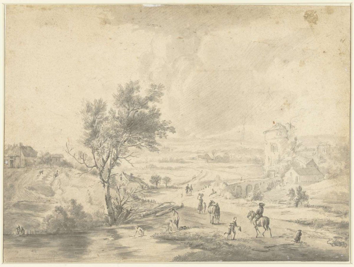 Landscape with Bathers, a Rider and Travellers near a Village with a Round Tower, anonymous, 1699 - 1799