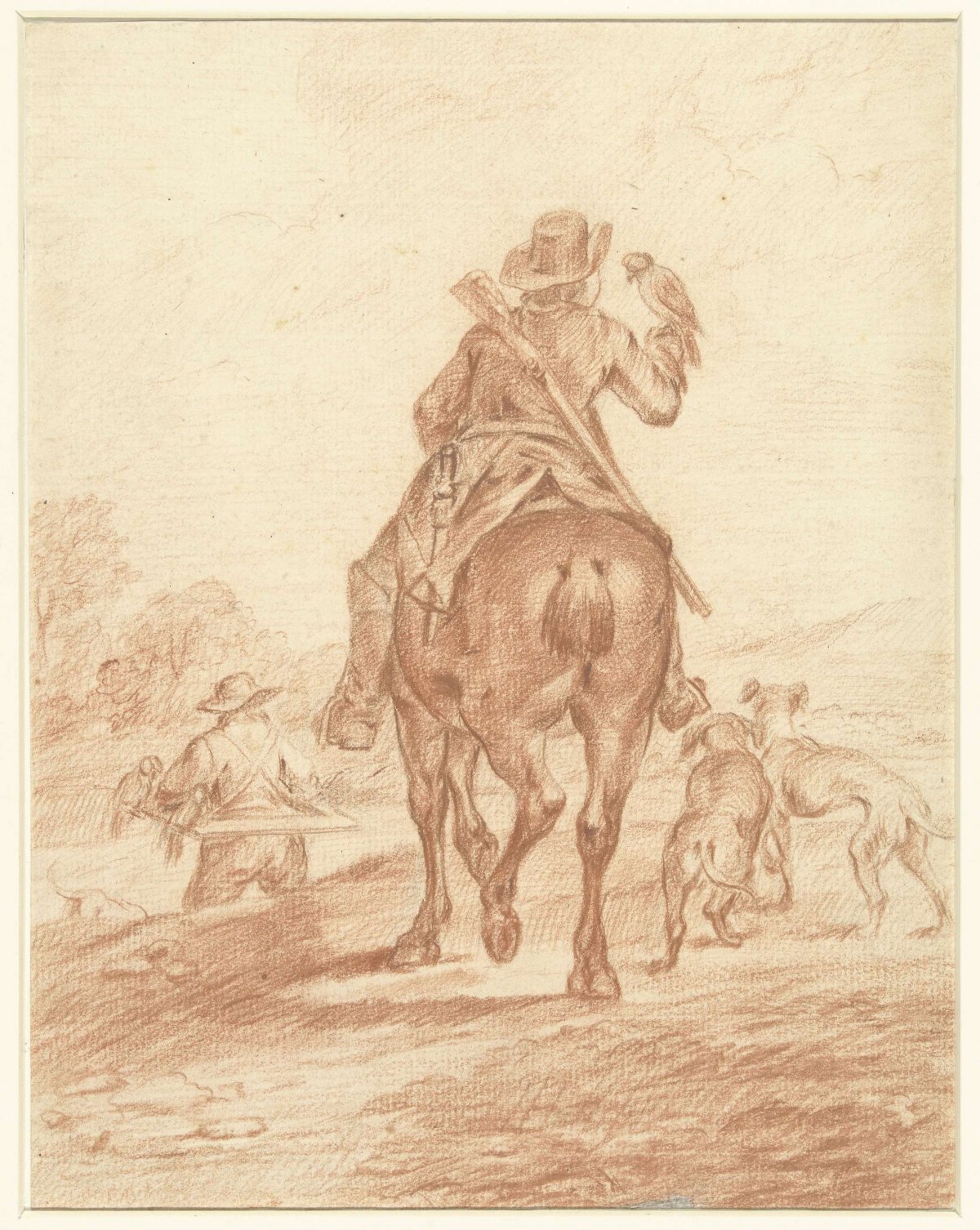 Two falcon hunters, seen from behind, anonymous, 1700 - 1800