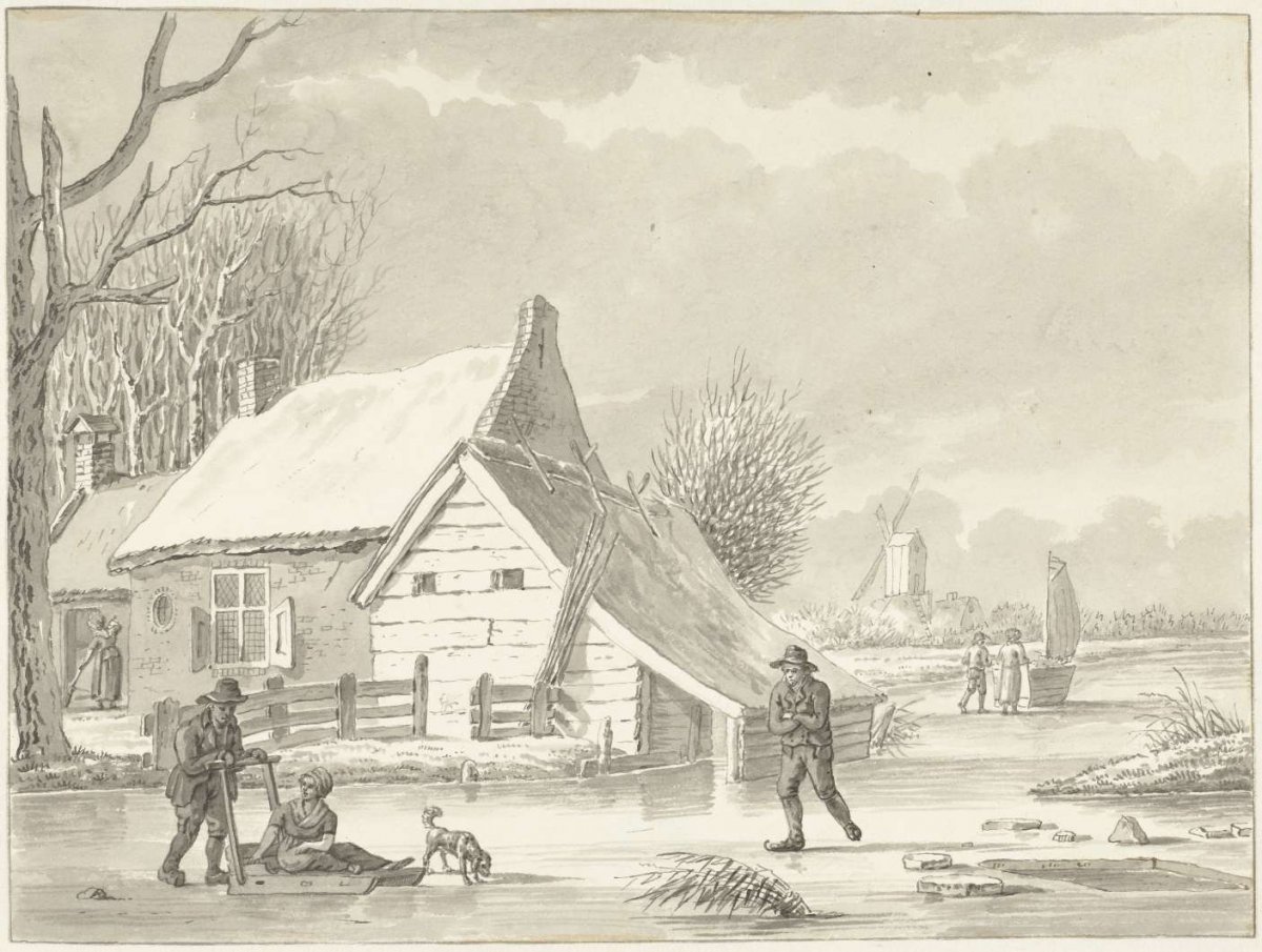 Sled and skate rider on a frozen canal, G.A. de Wildt, 1833