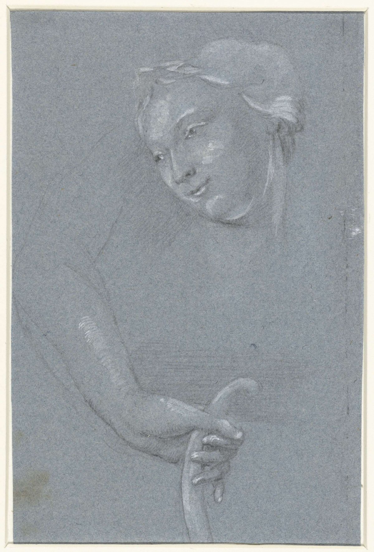 Study sheet with woman's head and a hand with a bow, anonymous, 1700 - 1800