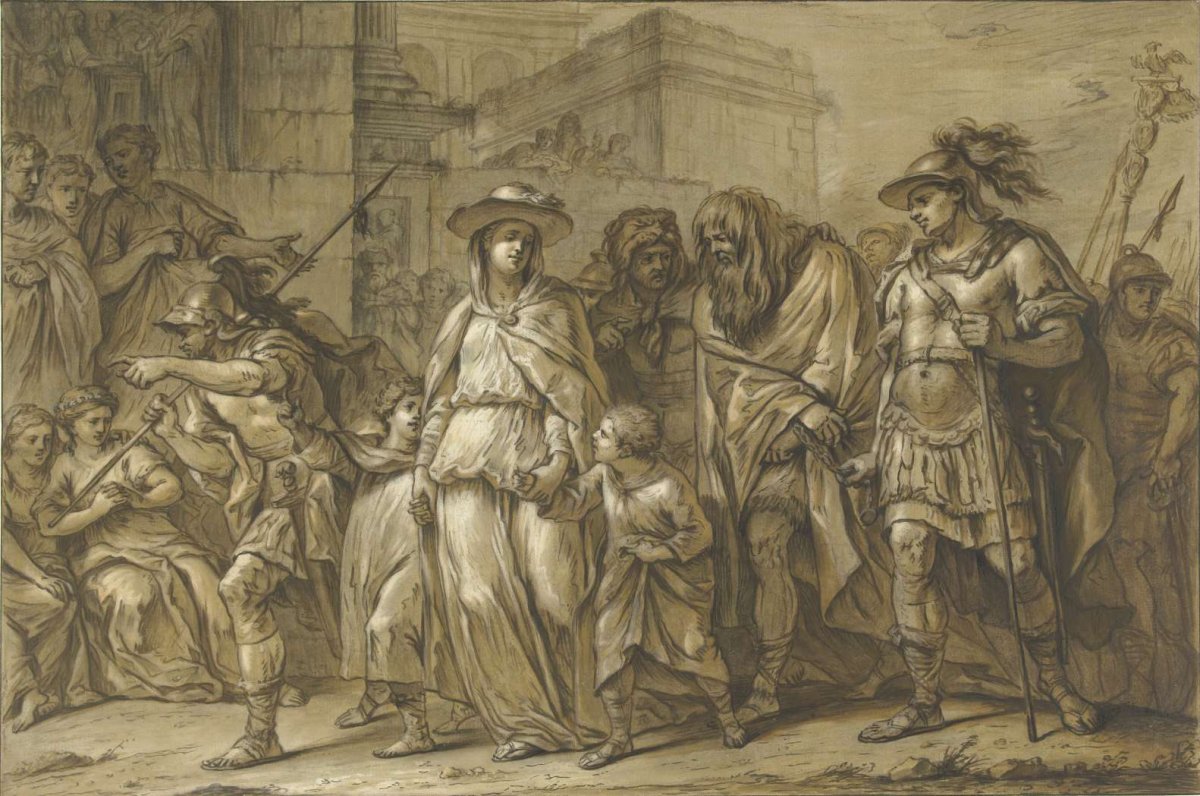 Julius Sabinus and Epponina with their two children led through Rome as prisoners, Blaise Nicolas Lesueur, 1726 - 1783