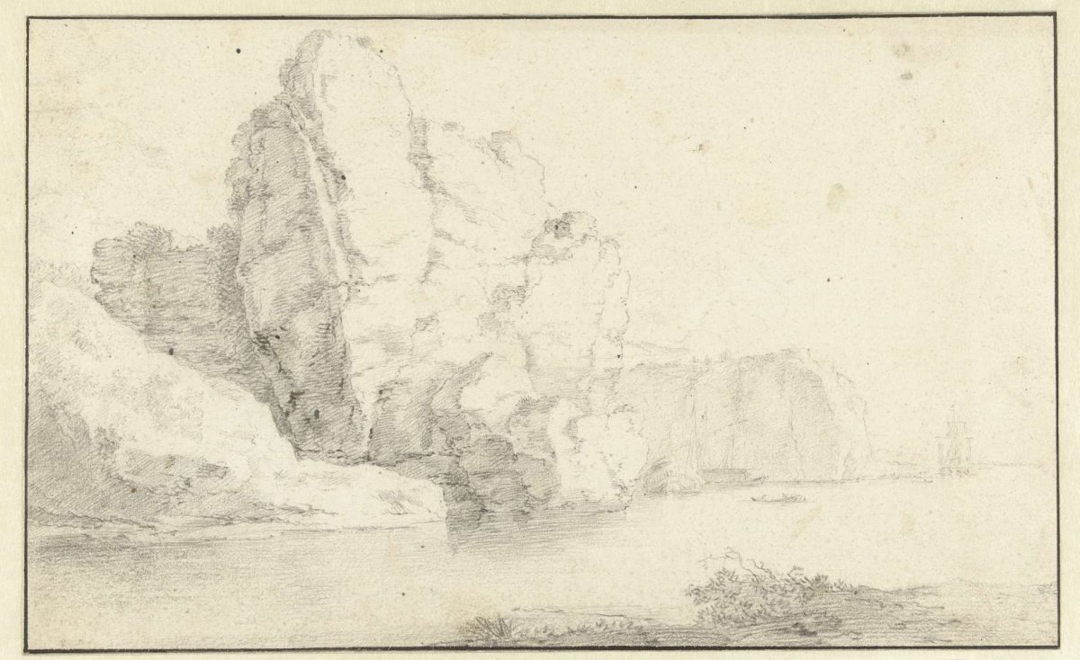 Rocky coast with ships nearby, Herman Naiwincx, 1634 - 1654