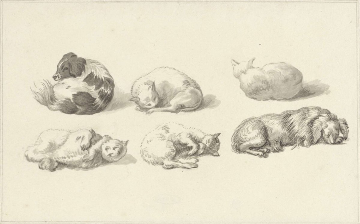 Studies of lying dogs and cats, Jan van Ravenswaay, 1782 - 1837