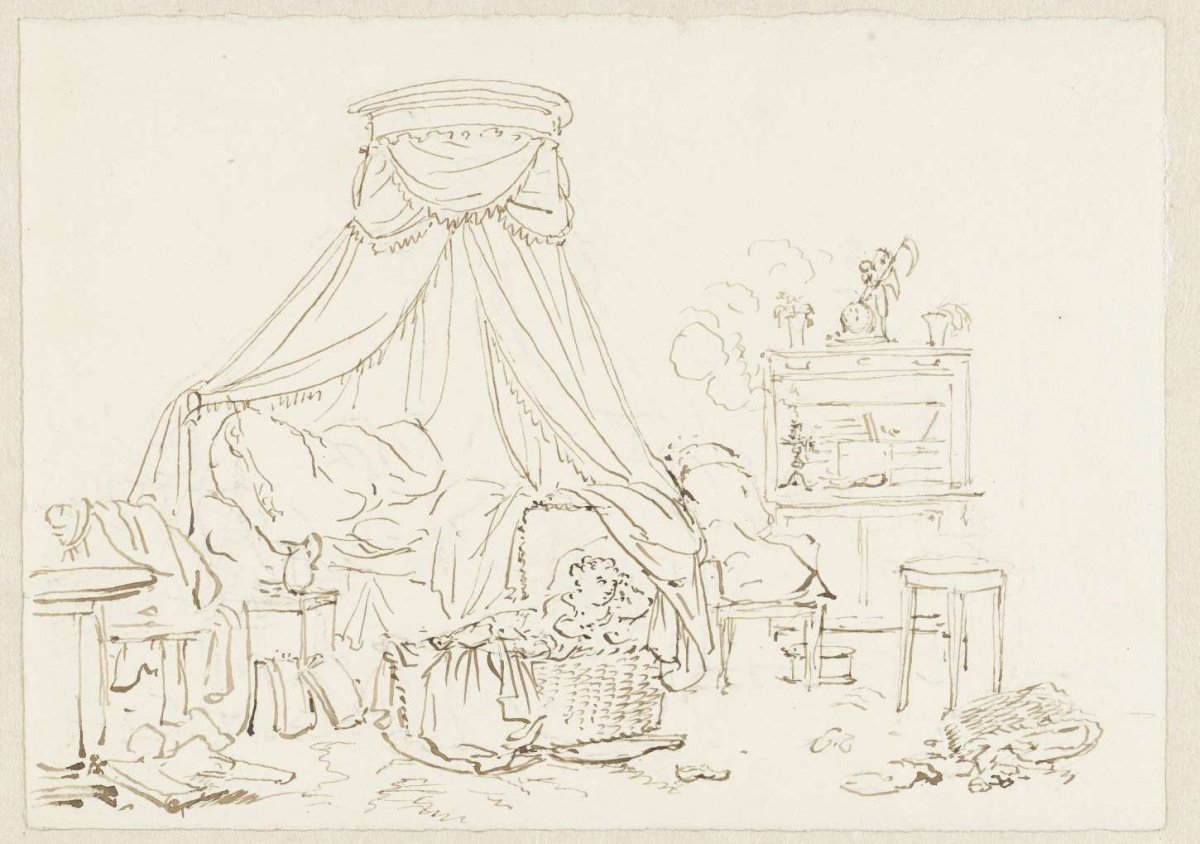 Bedroom with two children in a crib, Pieter Bartholomeusz. Barbiers, 1782 - 1837