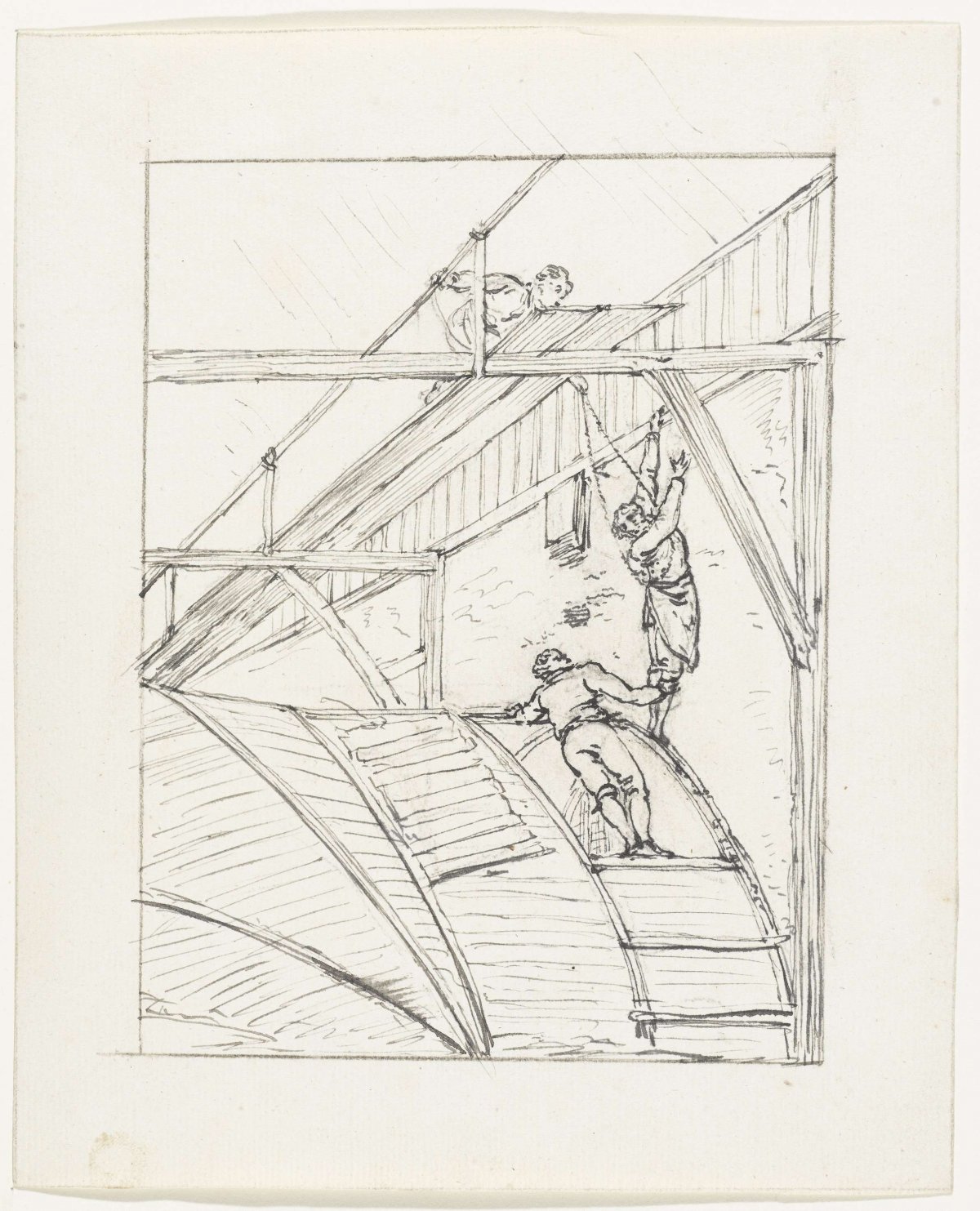 Construction work in an attic, Pieter Bartholomeusz. Barbiers, 1782 - 1837