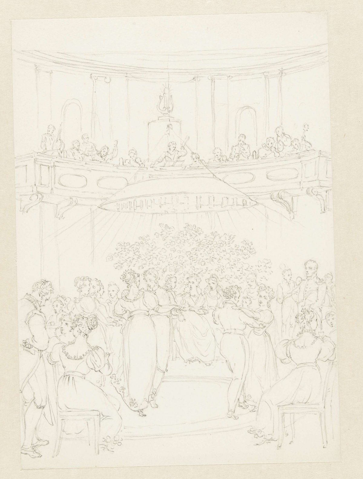 Ballroom with dancing couples and an orchestra, Pieter Bartholomeusz. Barbiers, 1782 - 1837