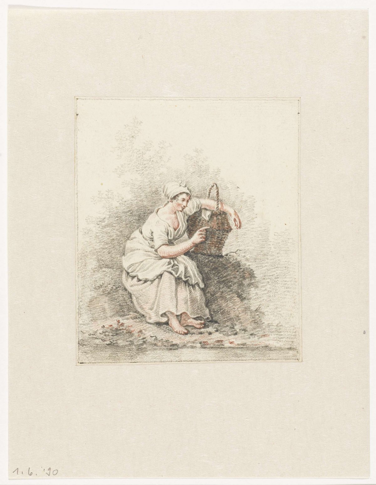 Seated woman with a basket, Pieter Bartholomeusz. Barbiers, 1782 - 1837