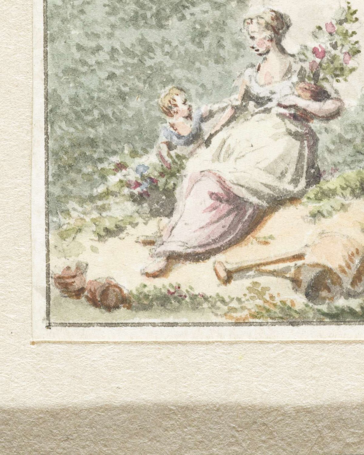 Mother with child in garden, Pieter Bartholomeusz. Barbiers, 1782 - 1837