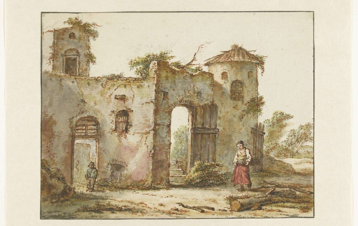Dilapidated building with a woodsman on the right, Pieter Bartholomeusz. Barbiers, 1782 - 1837