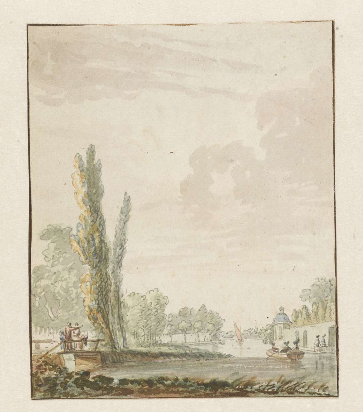 View along a river with a tea dome on the right, Pieter Bartholomeusz. Barbiers, 1782 - 1837