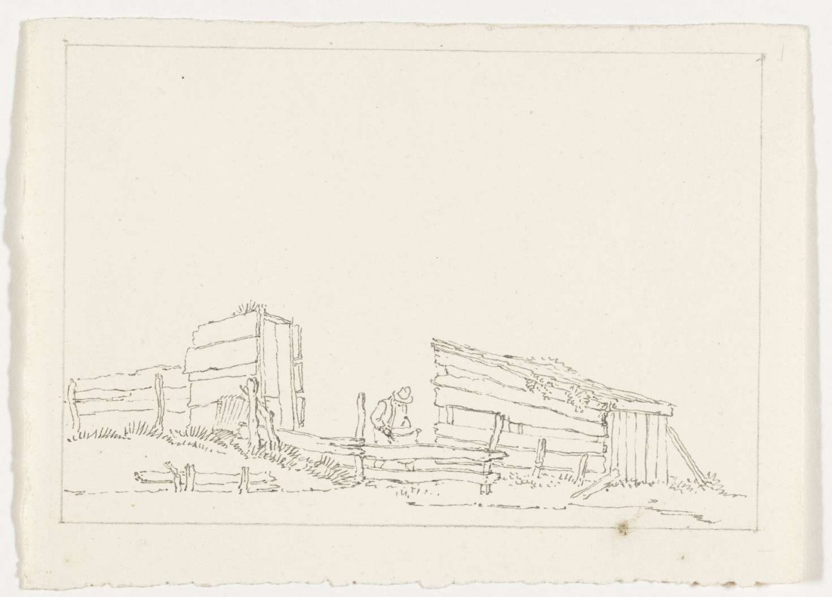 Man at fence and barn, Pieter Bartholomeusz. Barbiers, 1782 - 1837