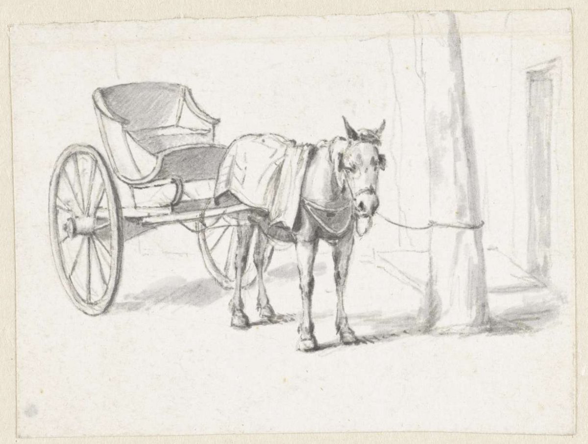 Horse with carriage, tied to a tree, Pieter Bartholomeusz. Barbiers, 1782 - 1837