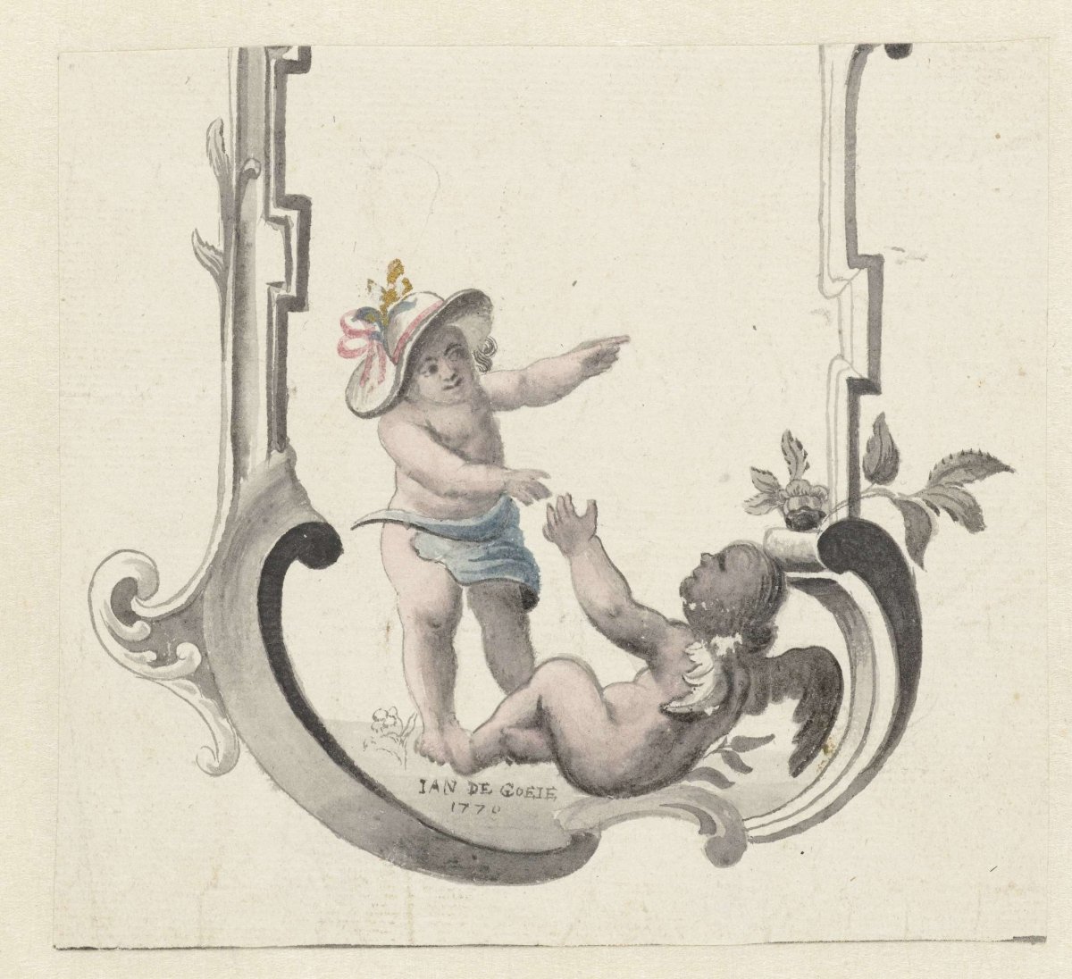 Ornament with two putti playing, Jan de Goeje, 1770