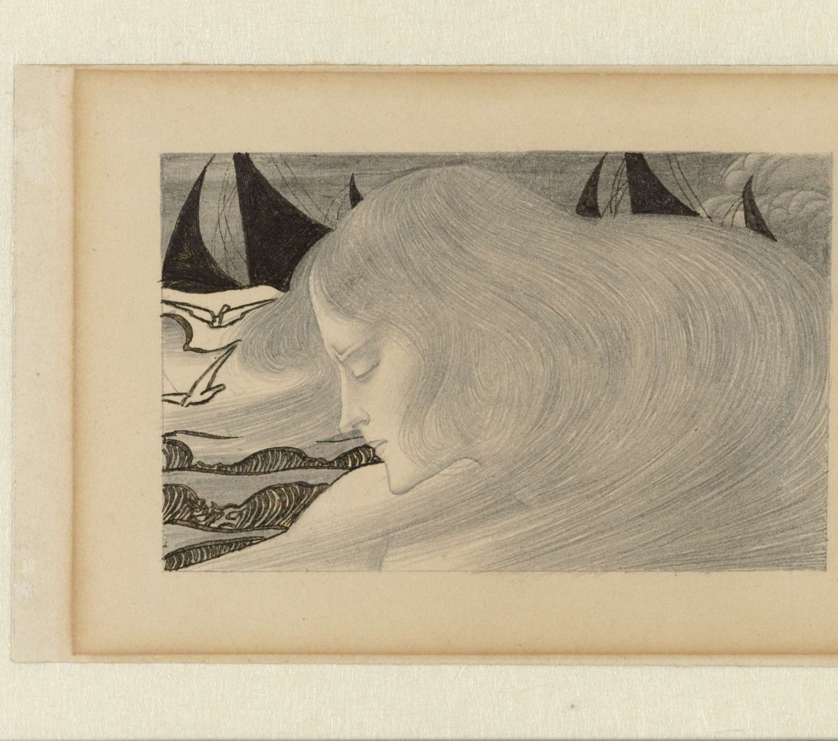 Young woman with wavy hair in front of a sea with ships, Jan Toorop, 1900