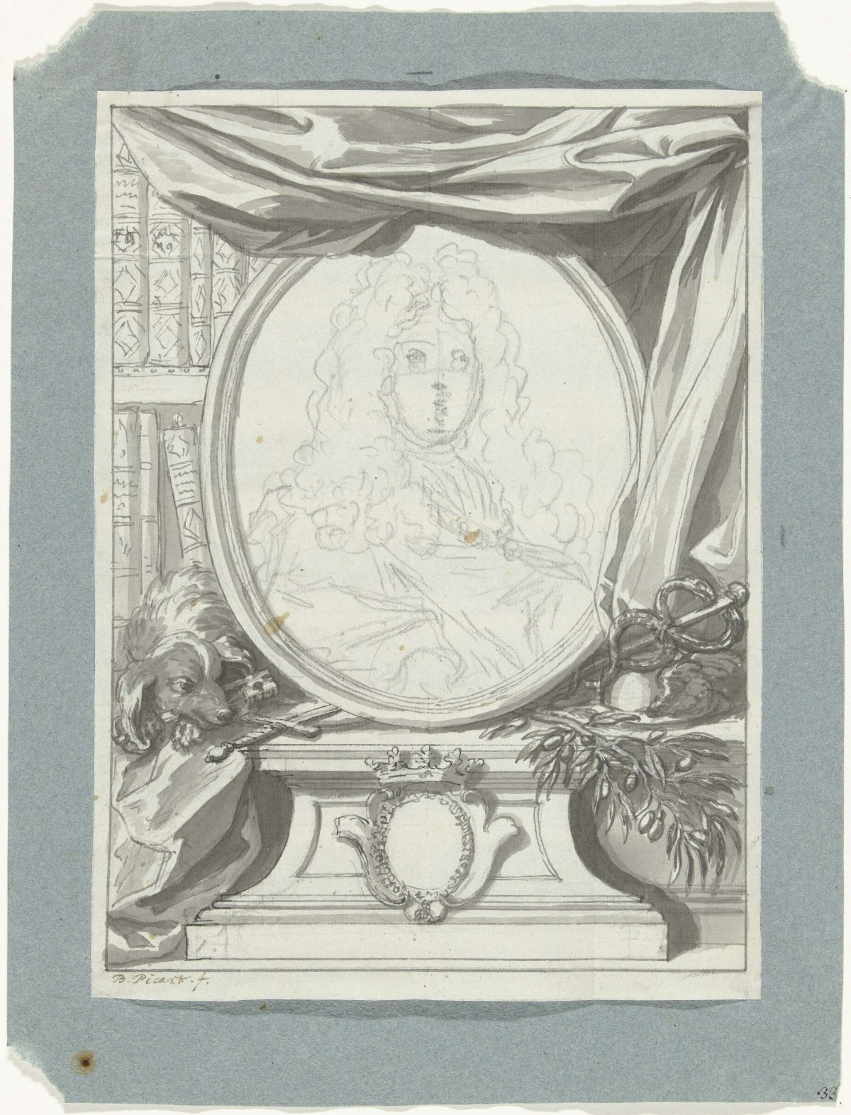 Design for a male portrait in oval frame, Bernard Picart, 1683 - 1733