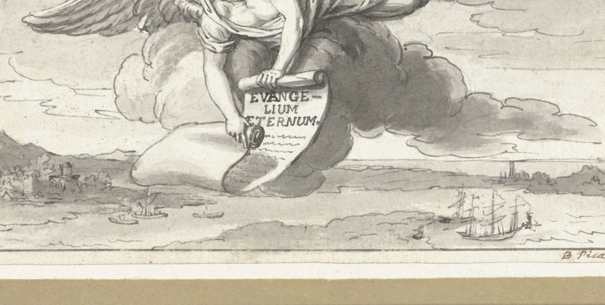 Angel with banding over landscape, Bernard Picart, 1709