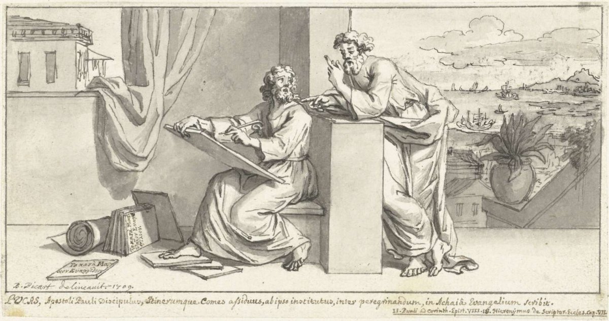 The evangelist Luke is inspired by the apostle Paul, Bernard Picart, 1709