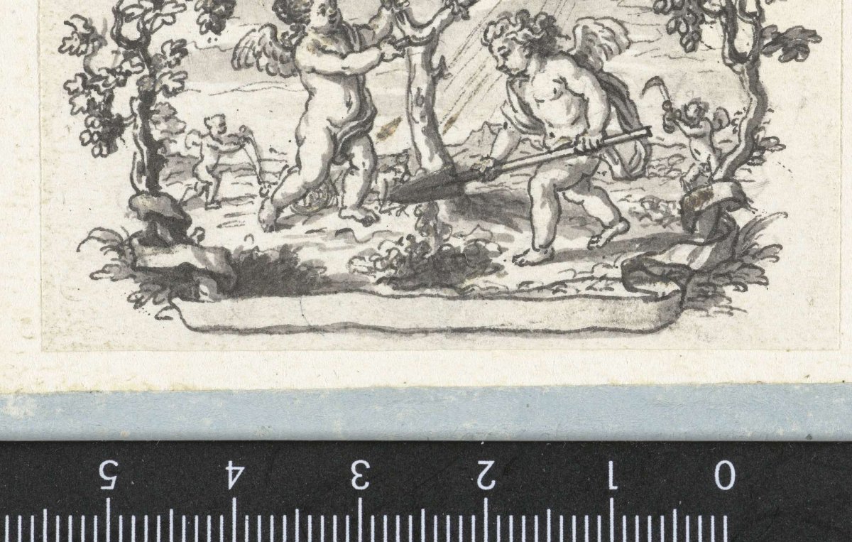 Vignette with two putti planting a tree, Bernard Picart, 1683 - 1733