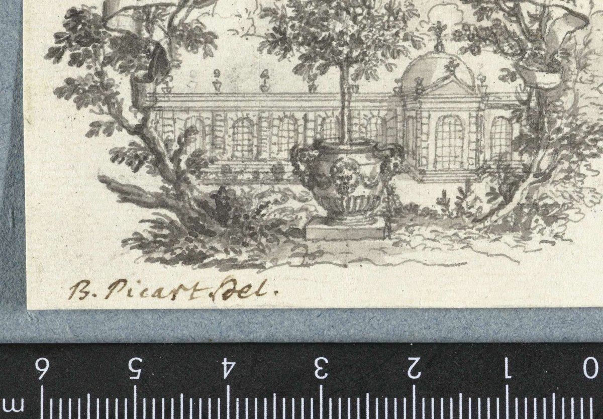 Vignette with potted tree in front of building, Bernard Picart, 1683 - 1733