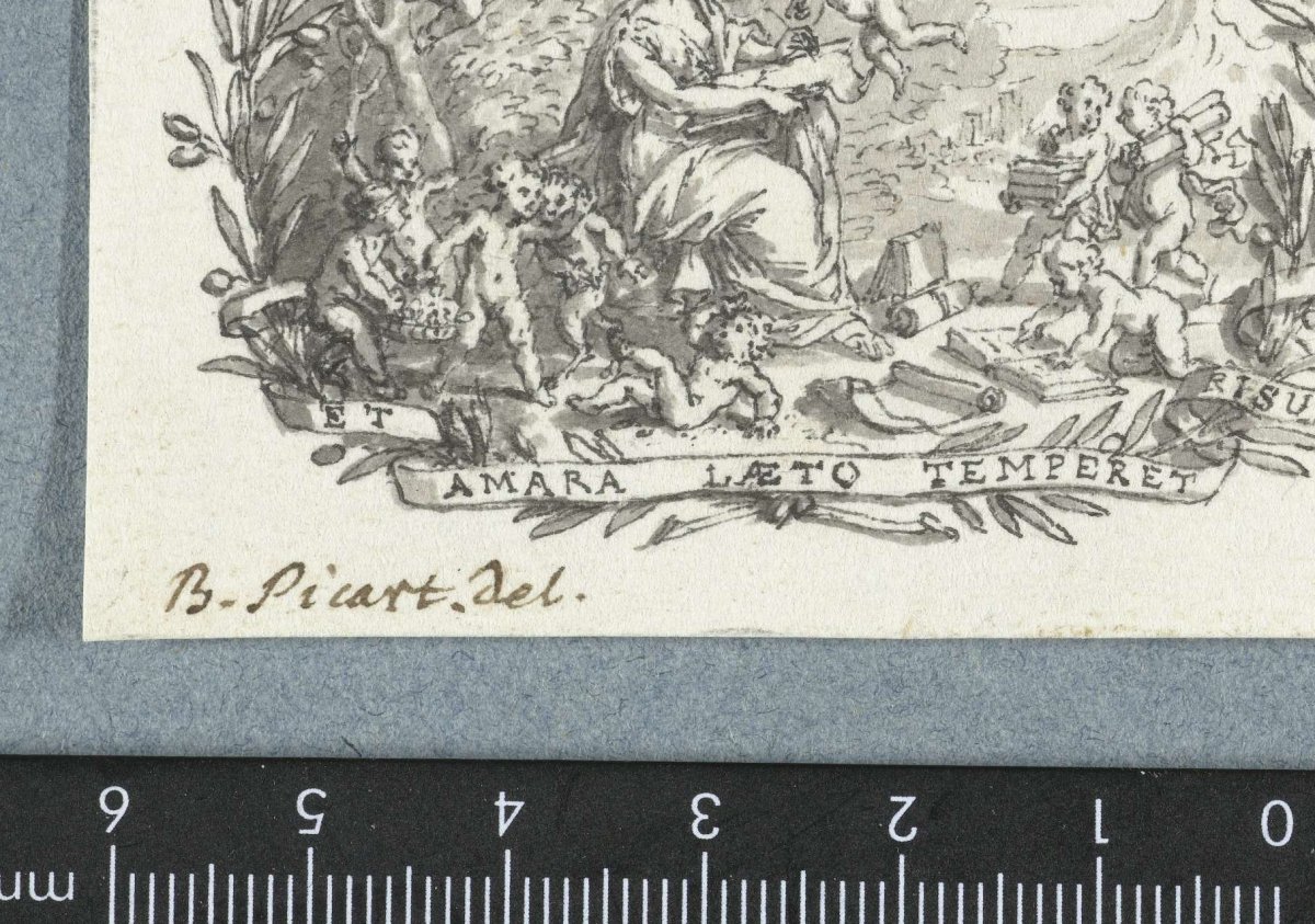Vignette with seated woman surrounded by putti, Bernard Picart, 1683 - 1733