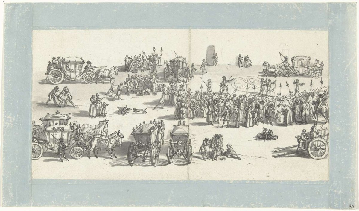 Crowds and chariots in a square, Bernard Picart, 1683 - 1733