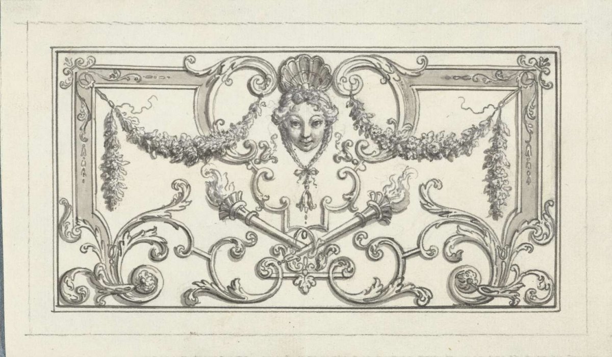 Panel filling with mask and two torches, Bernard Picart, 1683 - 1733