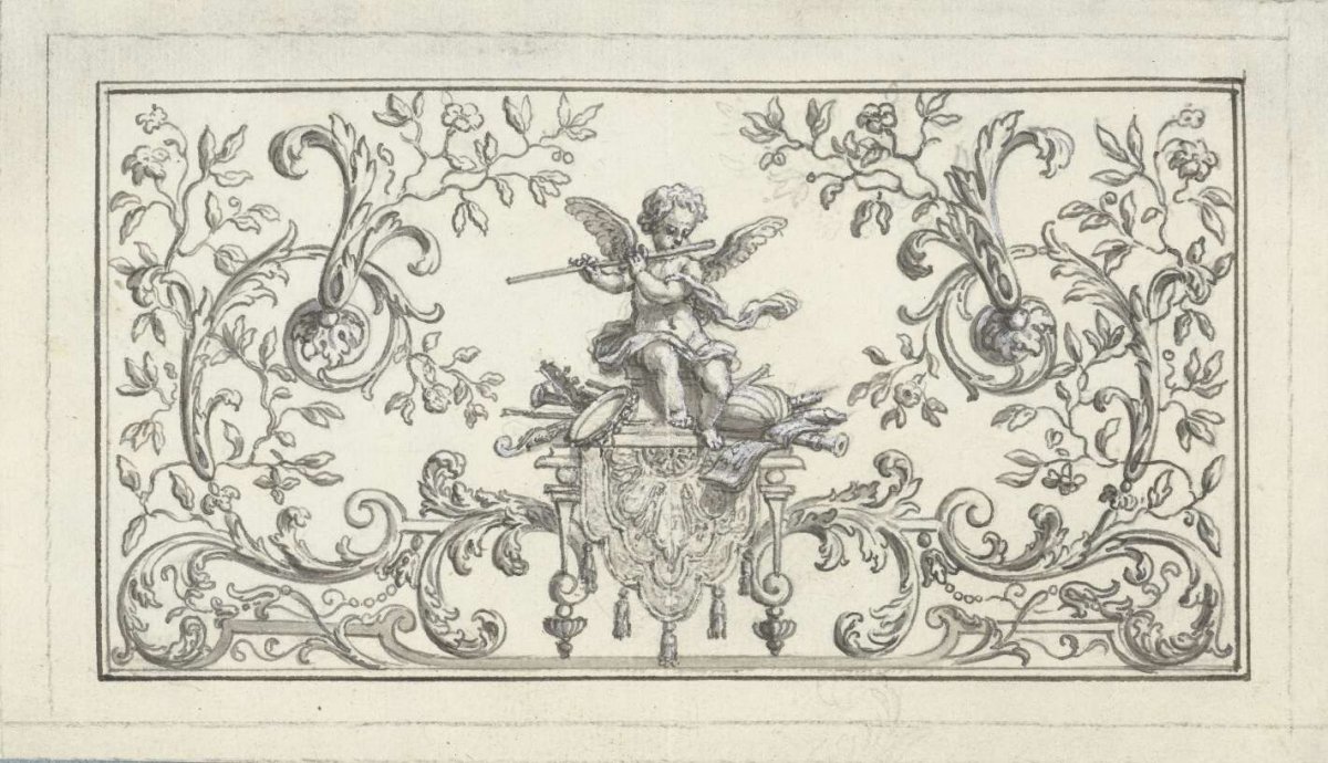 Panel filling with flute-playing putto, Bernard Picart, 1683 - 1733