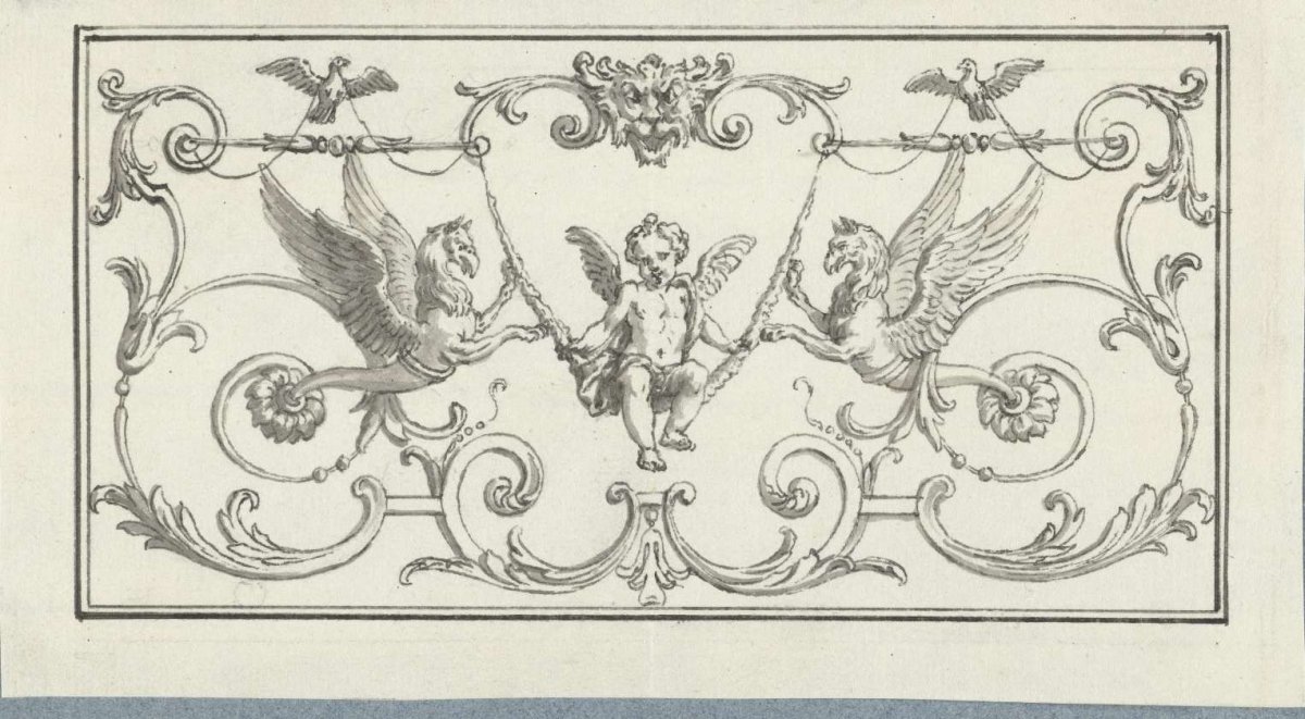 Panel filling with rocking putto among hybrid animals, Bernard Picart, 1727