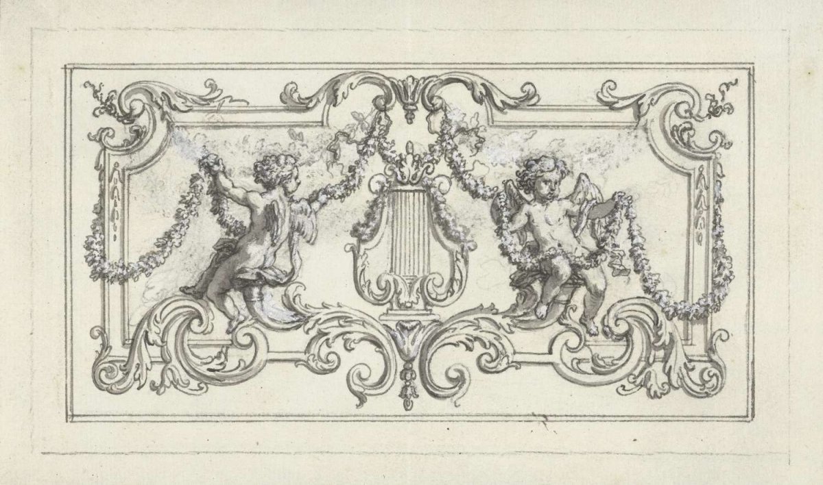 Panel filling with putti with garlands on either side of a lyre, Bernard Picart, 1683 - 1733