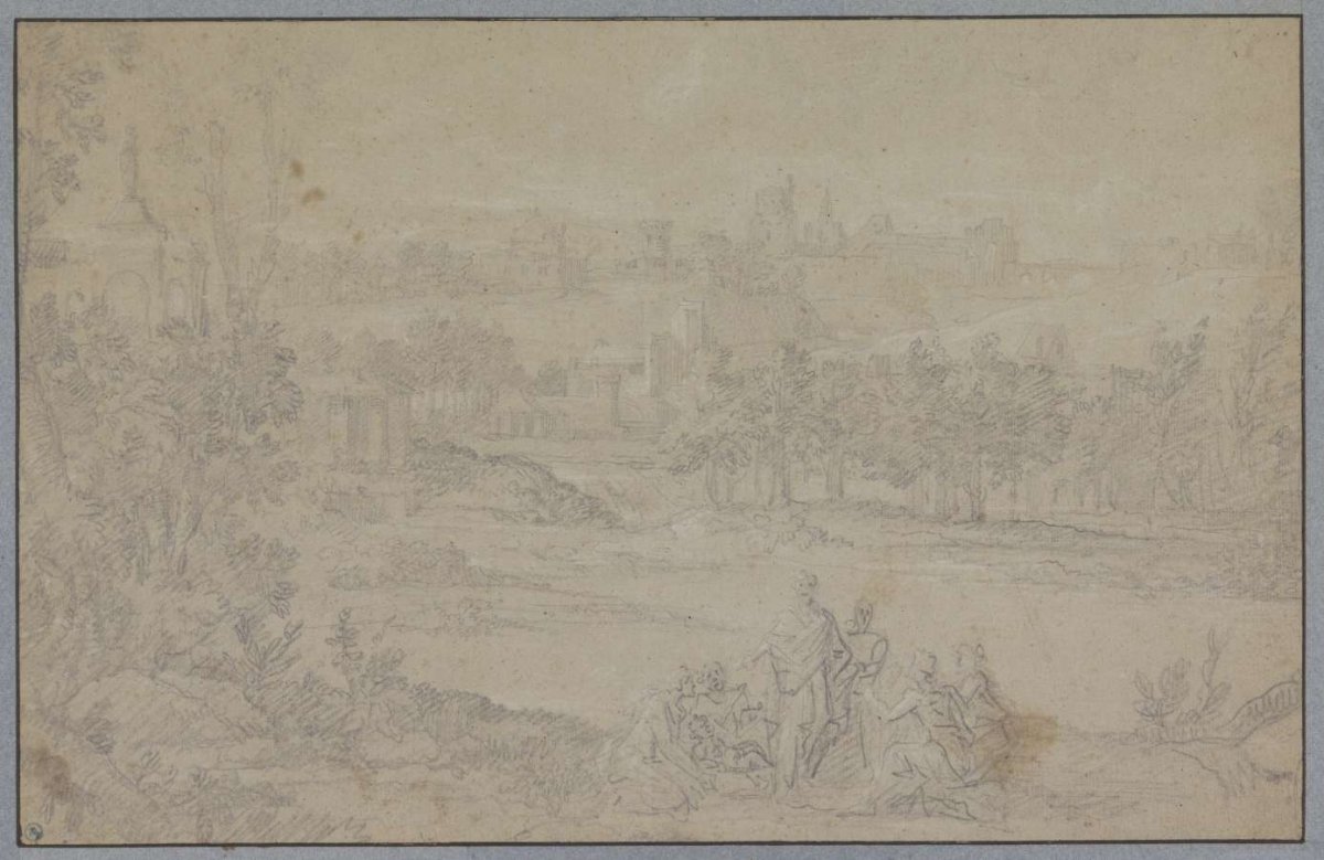 Landscape with group of people in foreground, anonymous, 1675 - 1700
