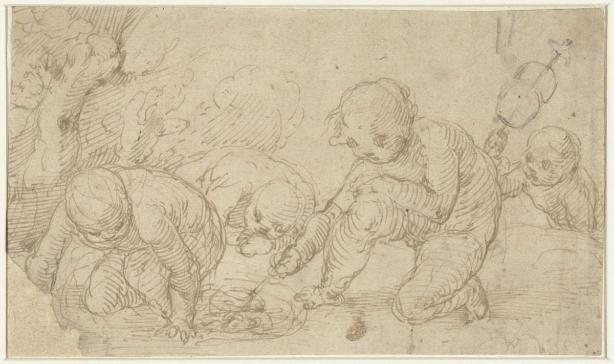 Putti, busy making a fire, anonymous, 1500 - 1640