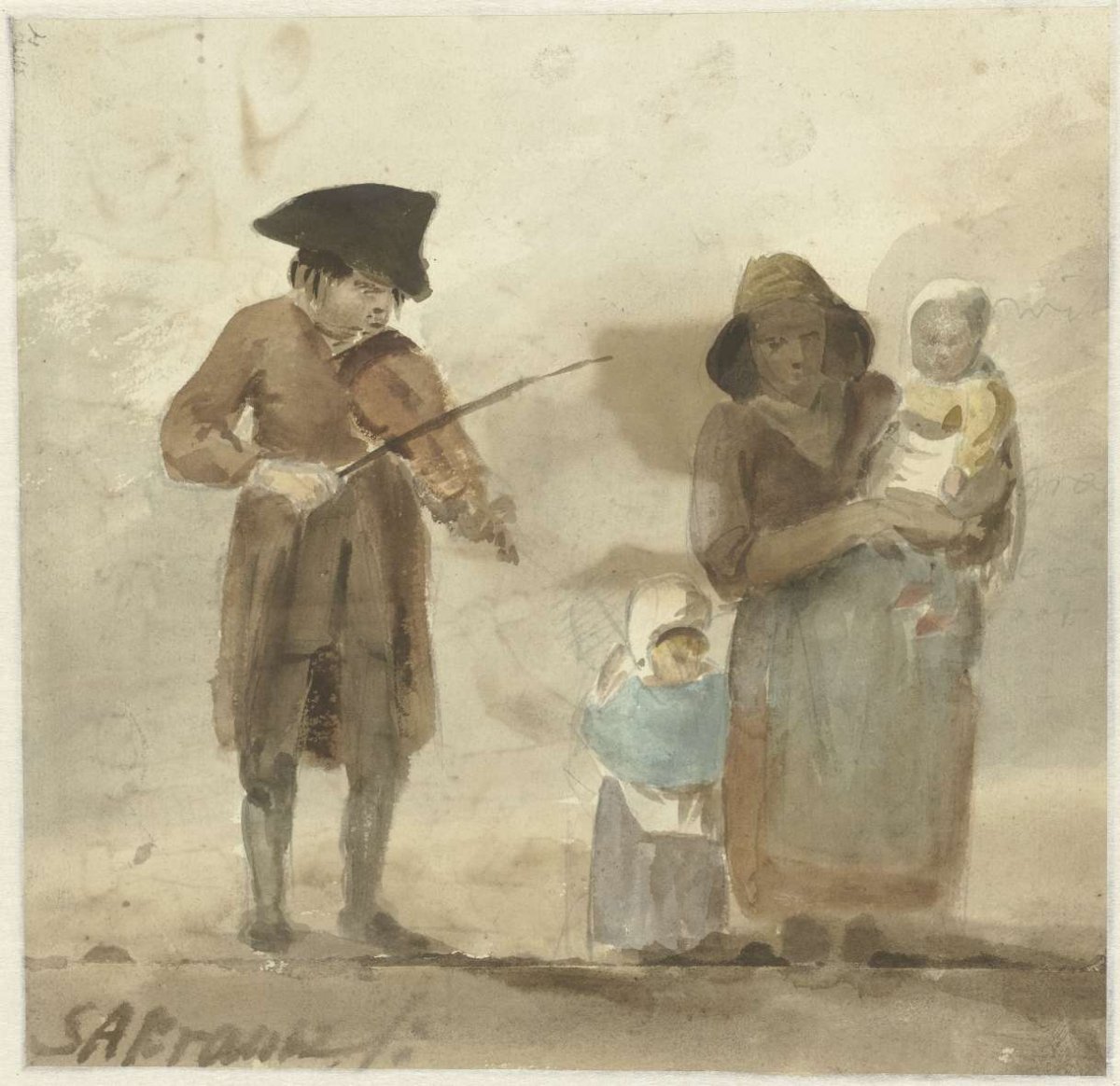 Street musician with wife and children, Simon Andreas Krausz, 1770 - 1825
