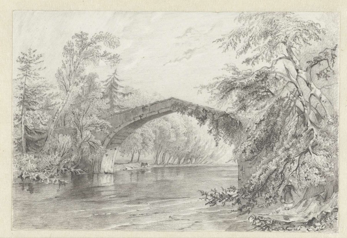 High bridge in a park, Jan Hendrik Droste, 1762 - 1838