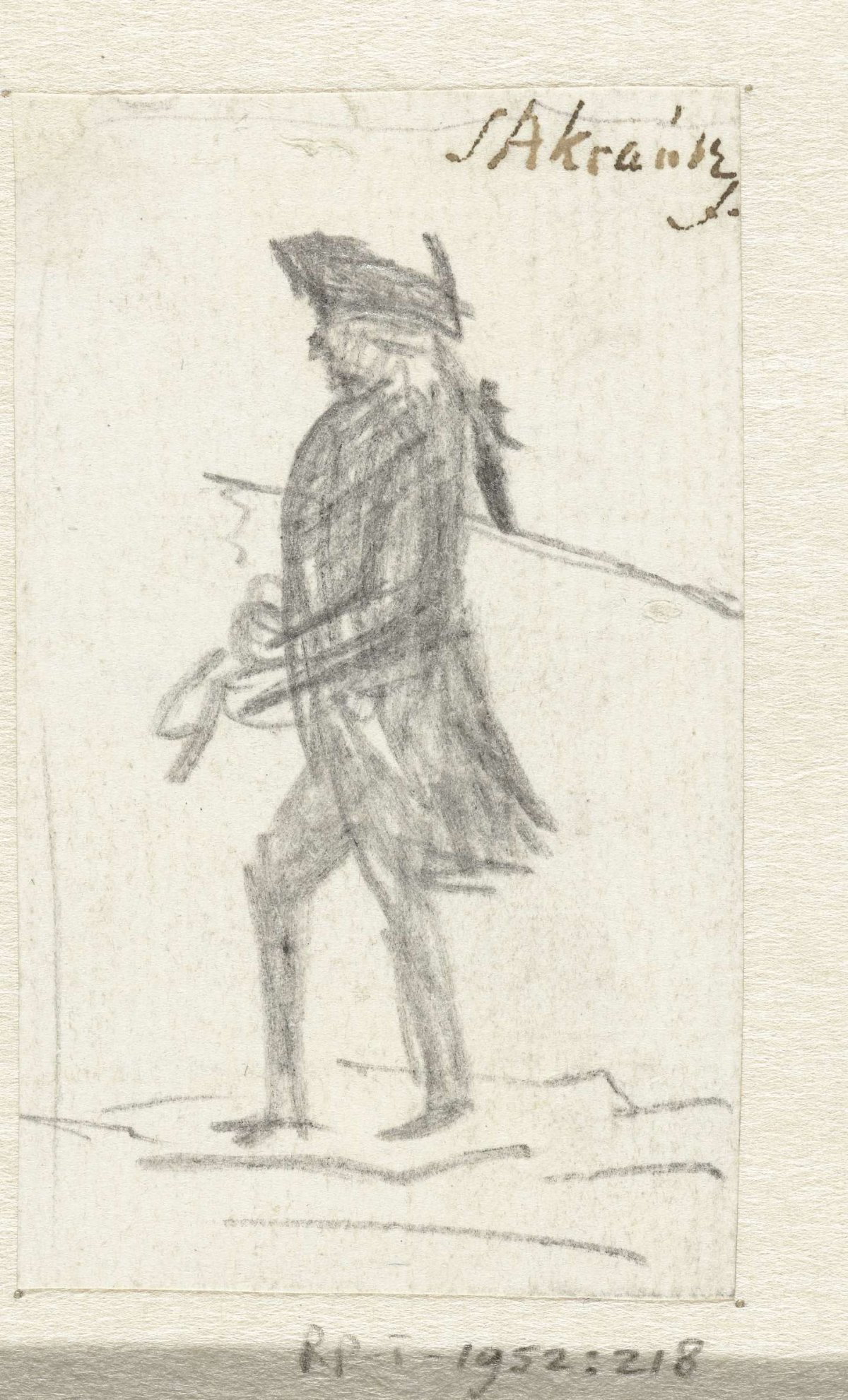Man wearing hat and stick under arm, walking to left, Simon Andreas Krausz, 1770 - 1825
