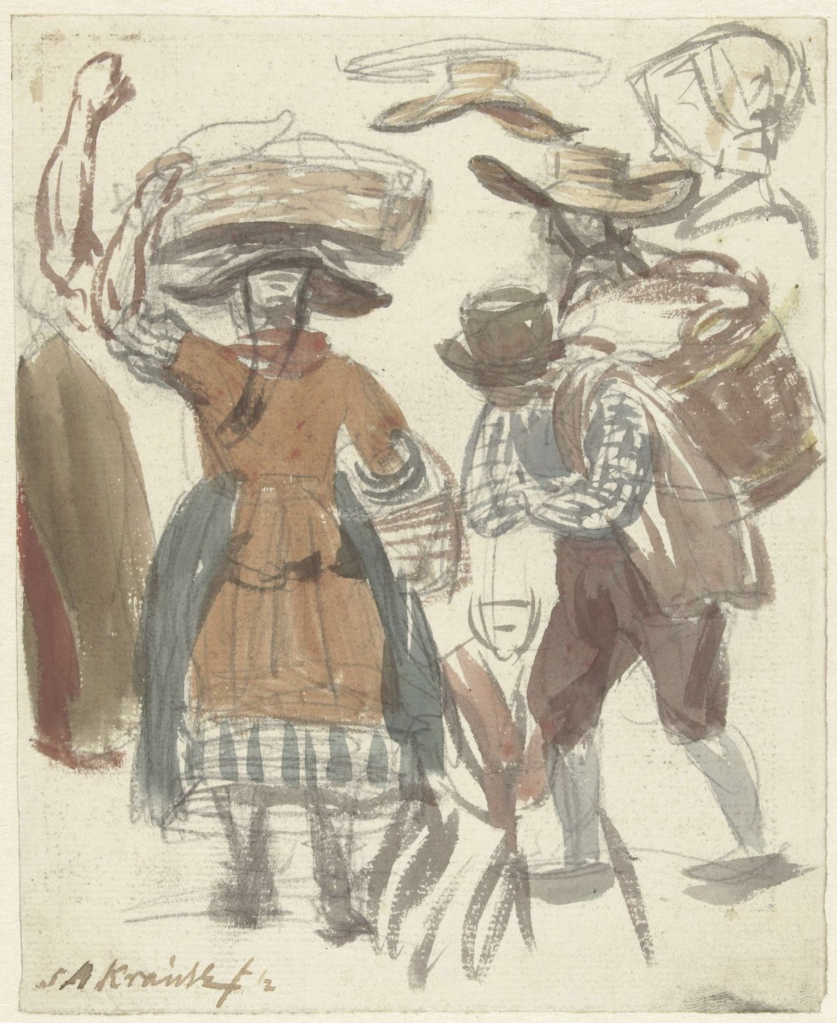 Study sheet of fishing couple with baskets on head and back, Simon Andreas Krausz, 1770 - 1825