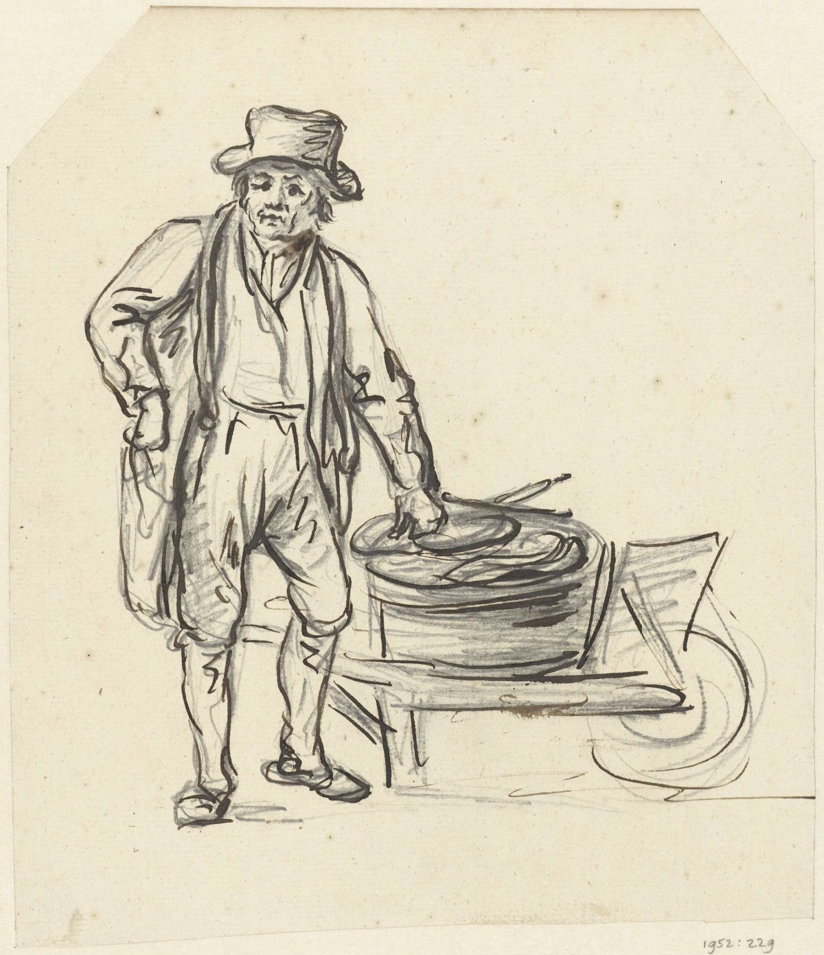Fisherman by his basket, on a wheelbarrow, Simon Andreas Krausz, 1770 - 1825