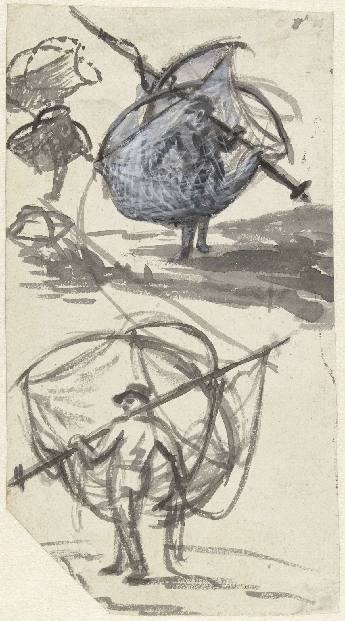 Study sheet showing a fisherman carrying a large net, Simon Andreas Krausz, 1770 - 1825