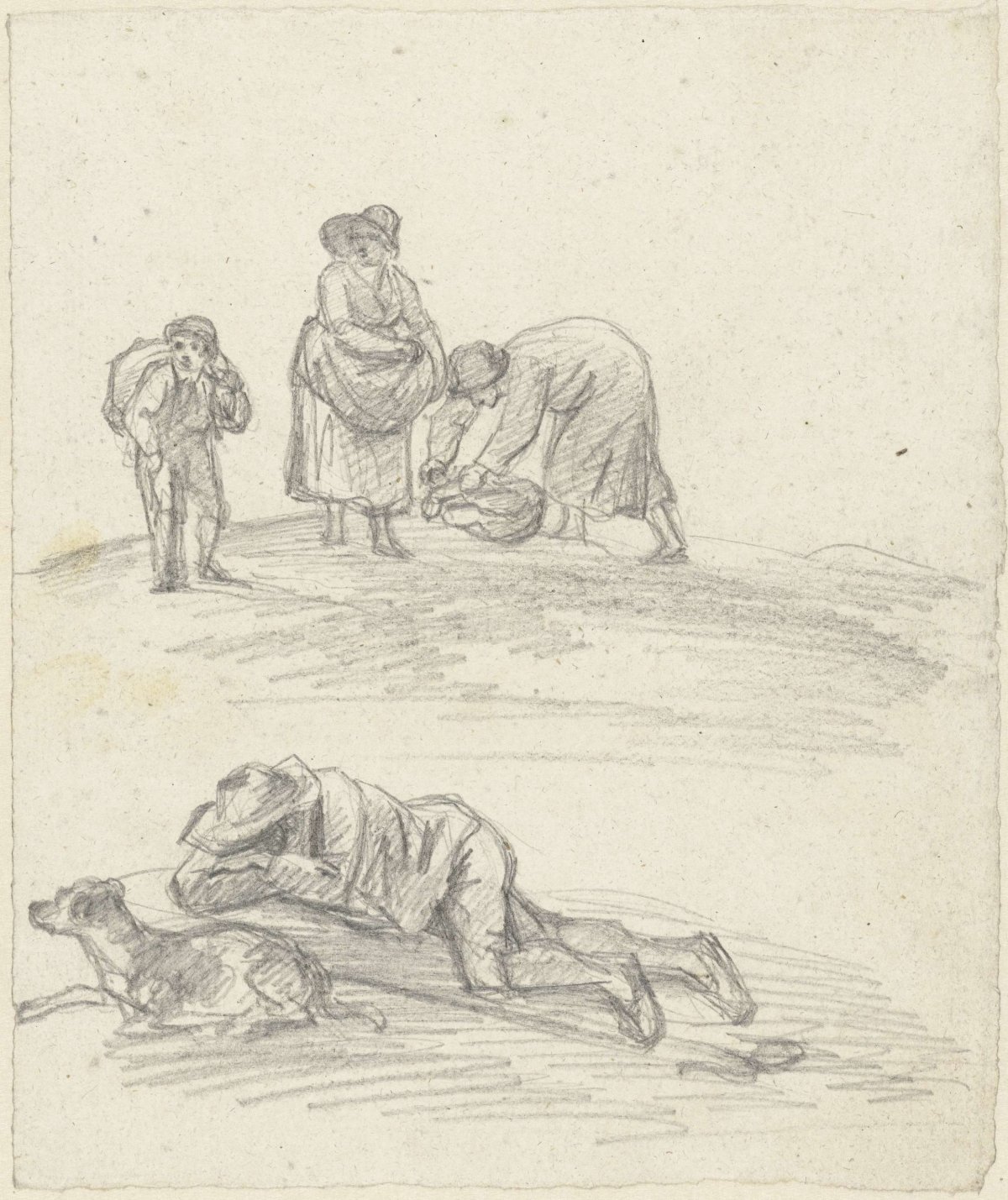 Two sketches of two women with a child and a reclining man with a dog, Simon Andreas Krausz, 1770 - 1825