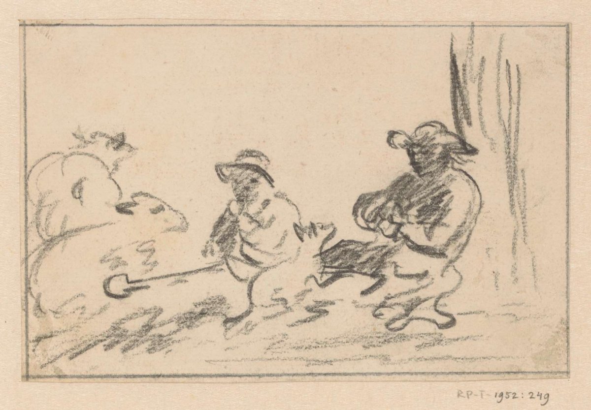 Two seated shepherds with sheep and a dog, Simon Andreas Krausz, 1770 - 1825