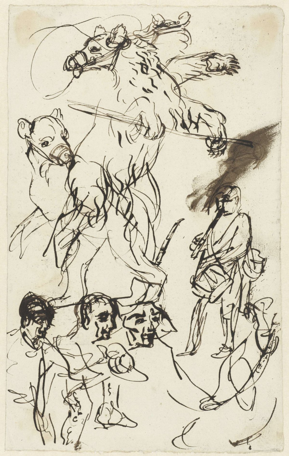 Study sheet with a dancing bear, a flute player and circus types, Simon Andreas Krausz, 1770 - 1825