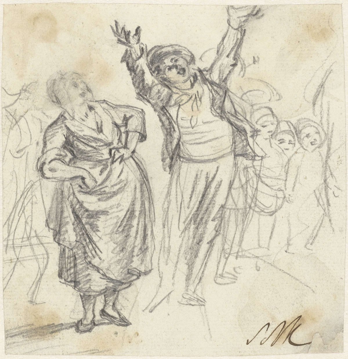 Spectators at a street fire, Simon Andreas Krausz, 1770 - 1825