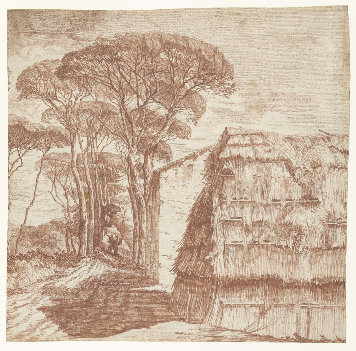 Pine lane with houses and a plaggen hut in the foreground, anonymous, 1700 - 1800