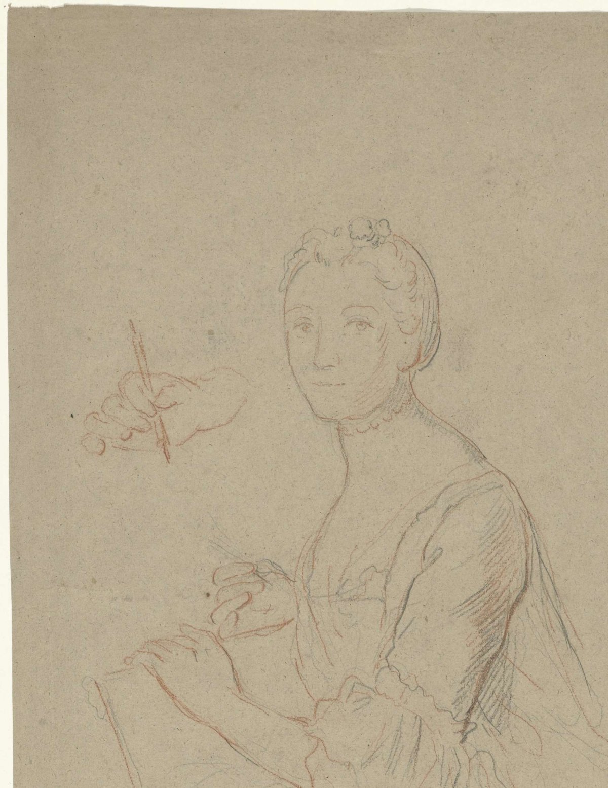 Portrait of a lady with paper and marker, anonymous, 1700 - 1800