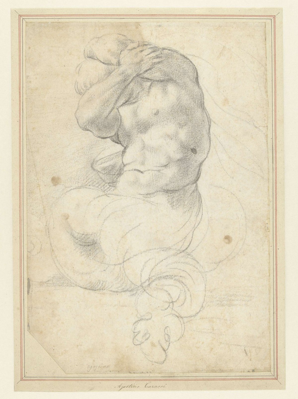 Sea monster or triton with arms bent around the head, Agostino Carracci, 1567 - 1602