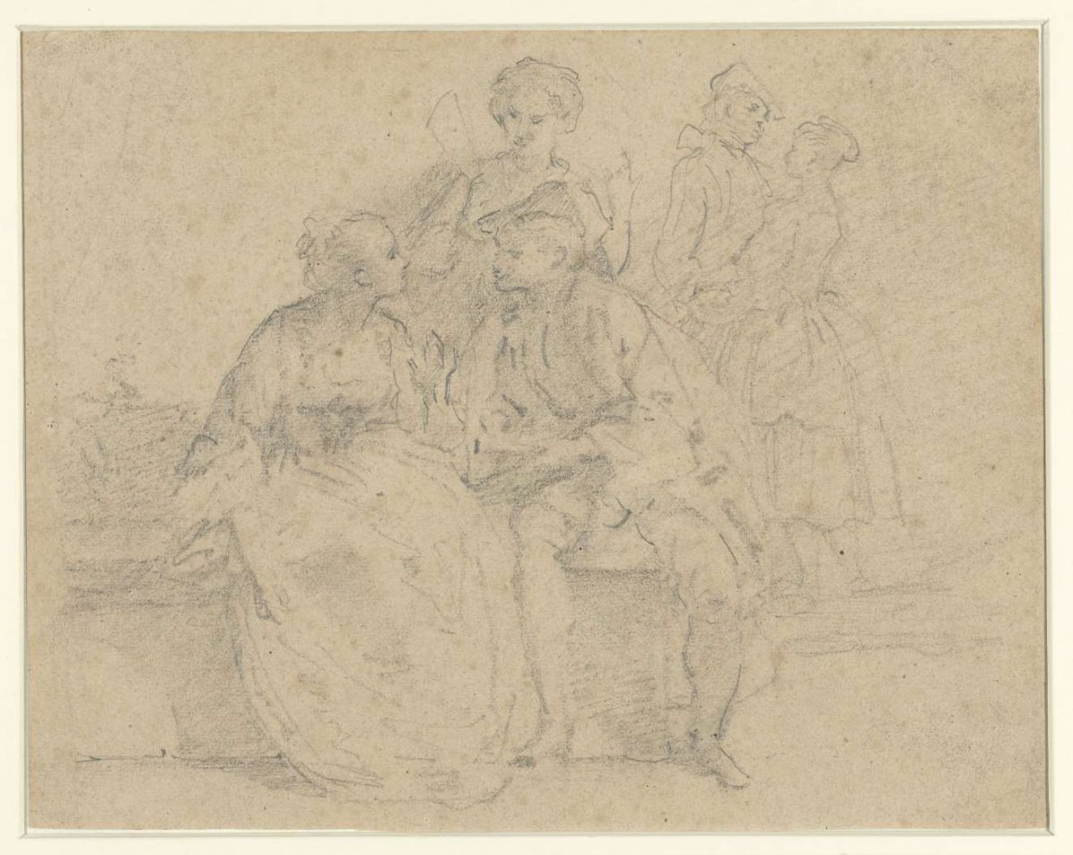 Sitting and standing couple in conversation, anonymous, 1700 - 1800