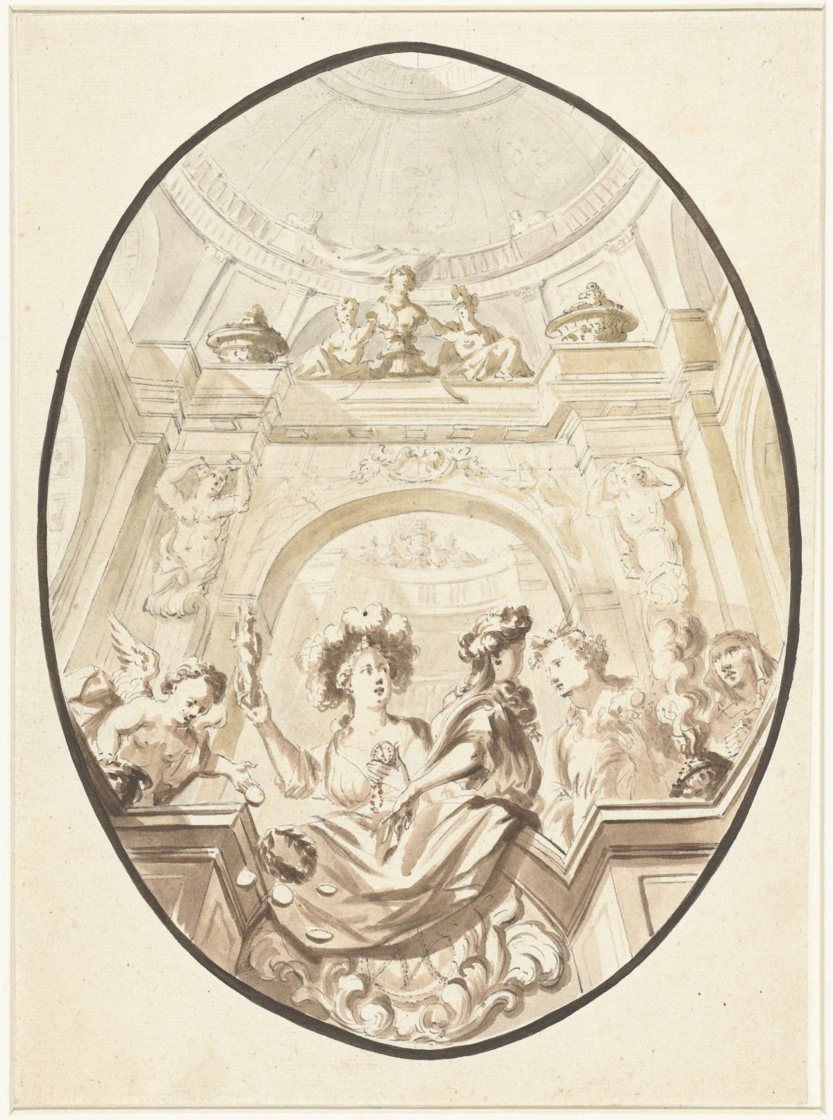 Design for a ceiling painting with allegorical figures on a balustrade, anonymous, 1700 - 1800