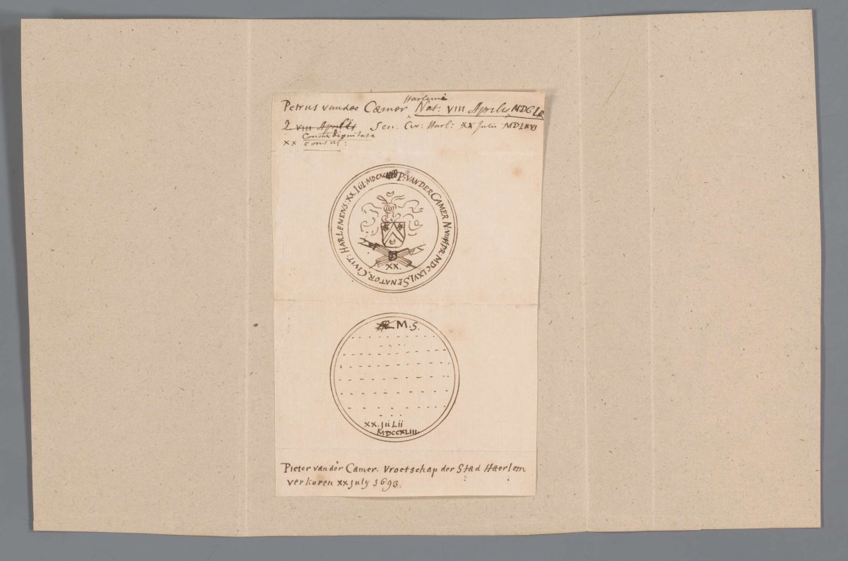 Designs for a history medal for council, alderman and former mayor of Haarlem Pieter van der Camer, anonymous, 1743