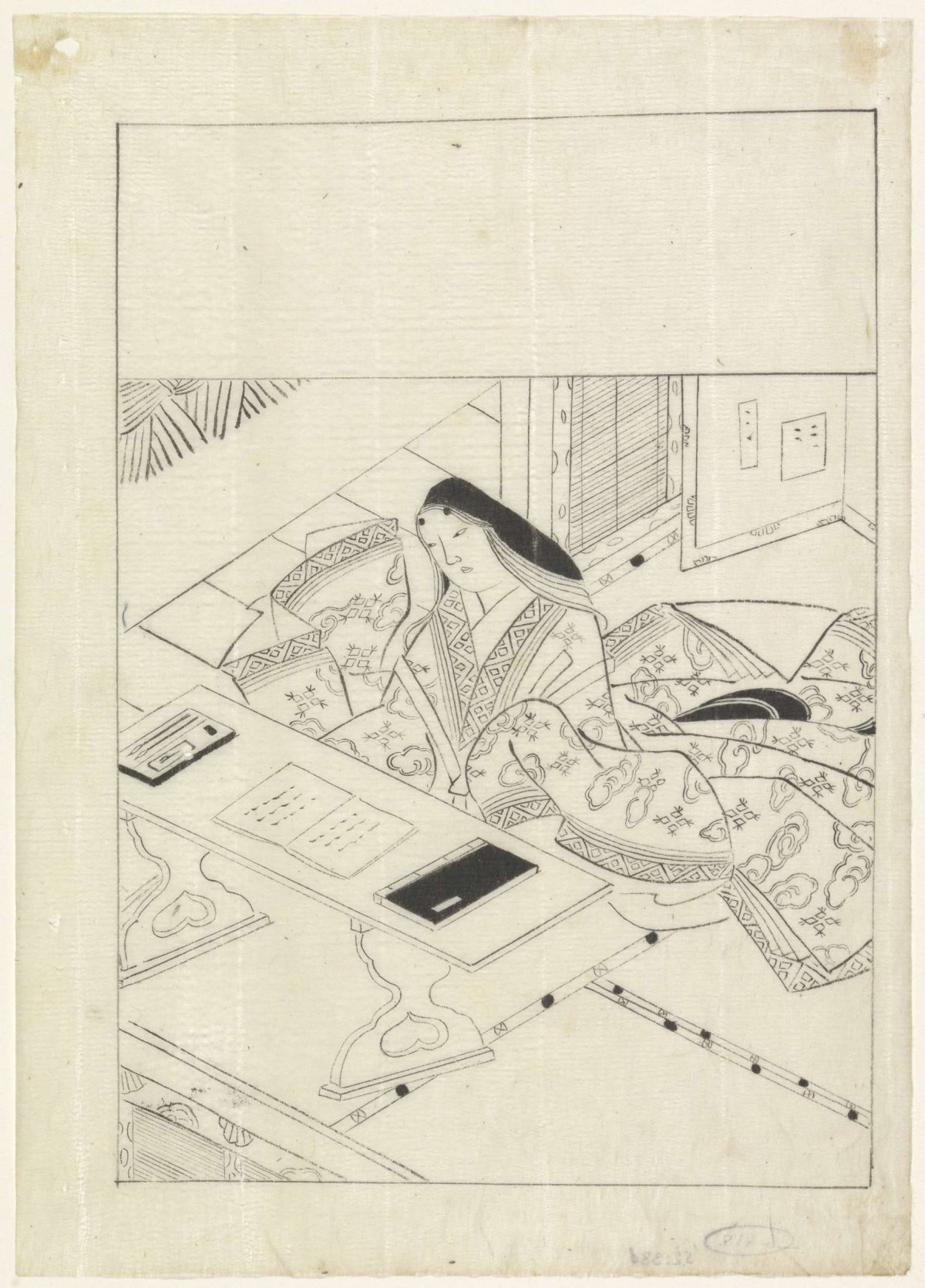 Lady seated in a room in front of a table, on which lie two books and writing utensils, Hishikawa Moronobu, 1628 - 1694
