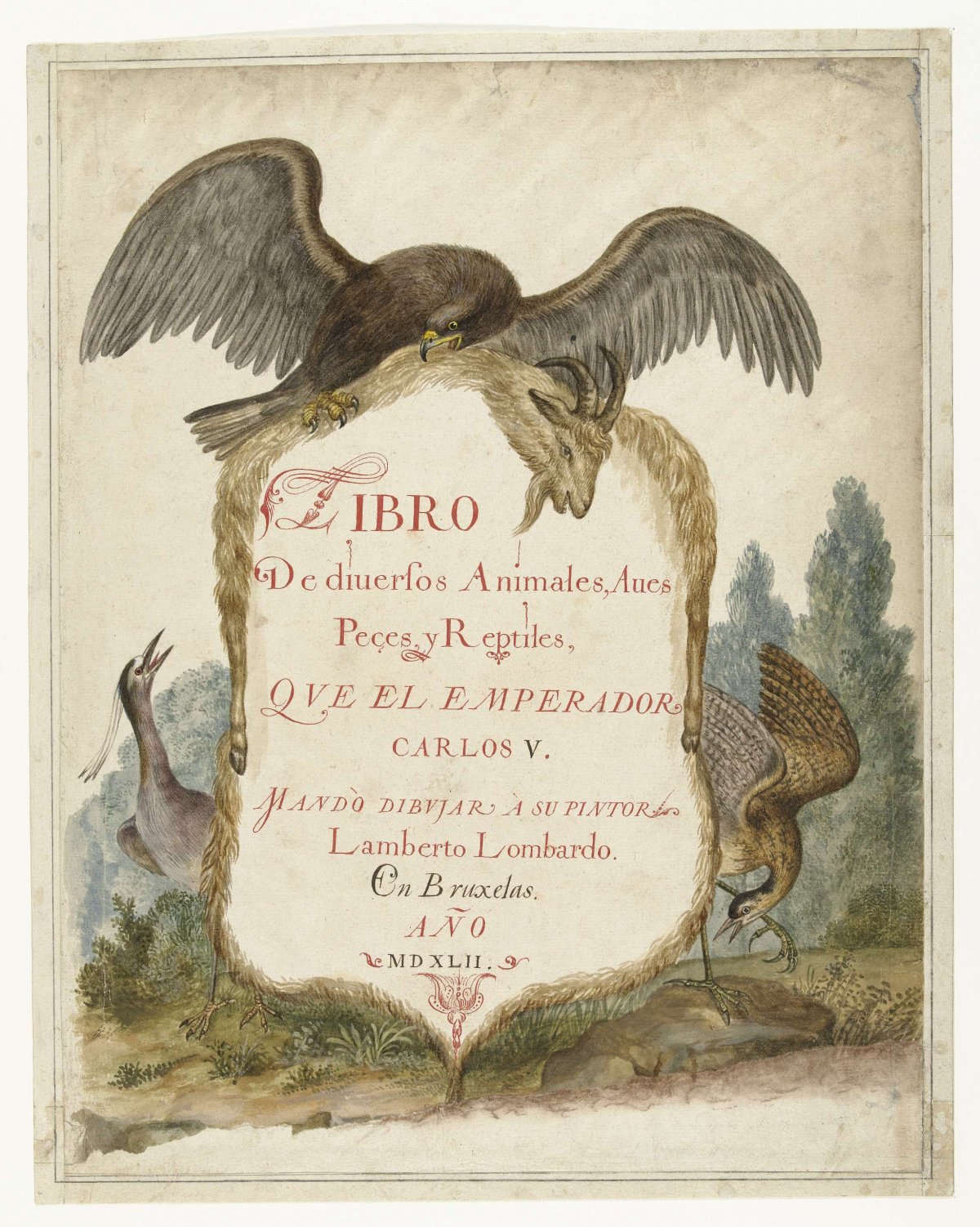 Cartouche held up by a golden eagle, quack and bittern, anonymous, c. 1585