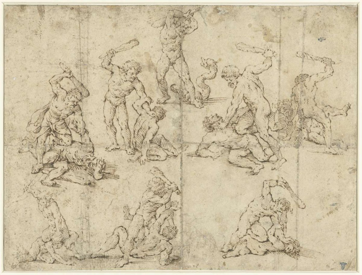 Eight studies of a fighting Hercules, Raffaele da Montelupo, 1515 - 1566